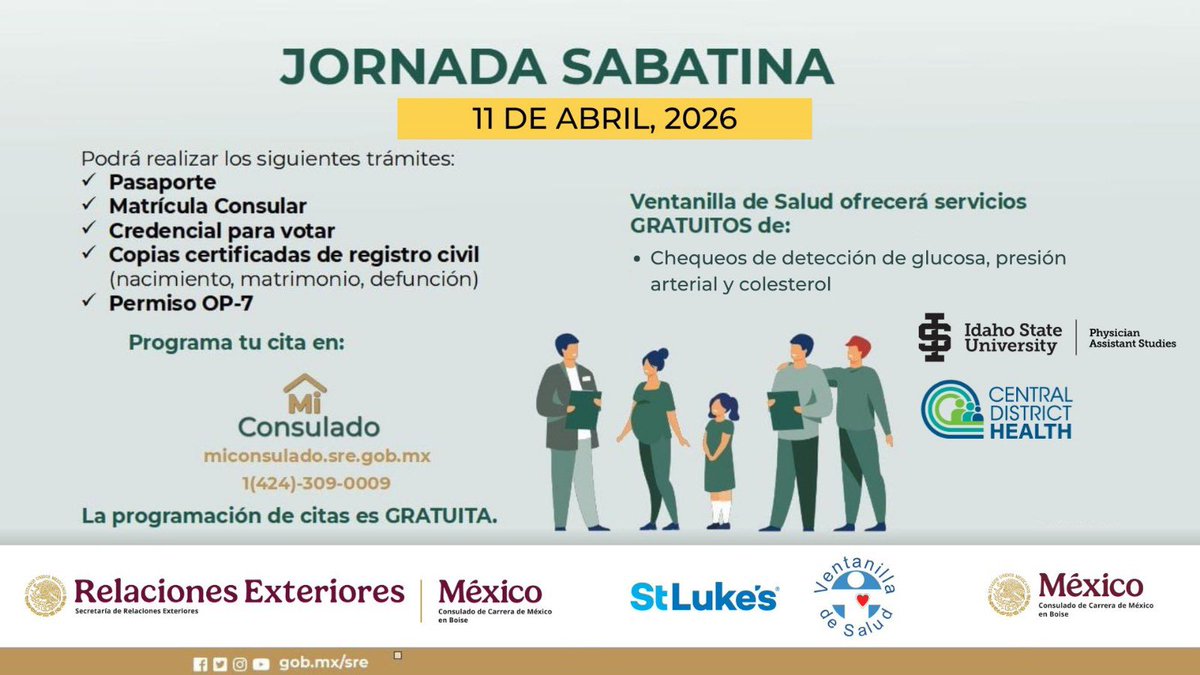 ⚠️ ¡#JornadaSabatina el 11 de Abril! ⚠️
✅ Pasaporte Mexicano
✅ Matrícula Consular
✅ Credencial para Votar
📢 ¡Ya puedes agendar tu cita!
Agenda tu cita:
☎️ 1 424 309 0009
💻 citas.sre.gob.mx
🇲🇽 🤝 🇺🇸