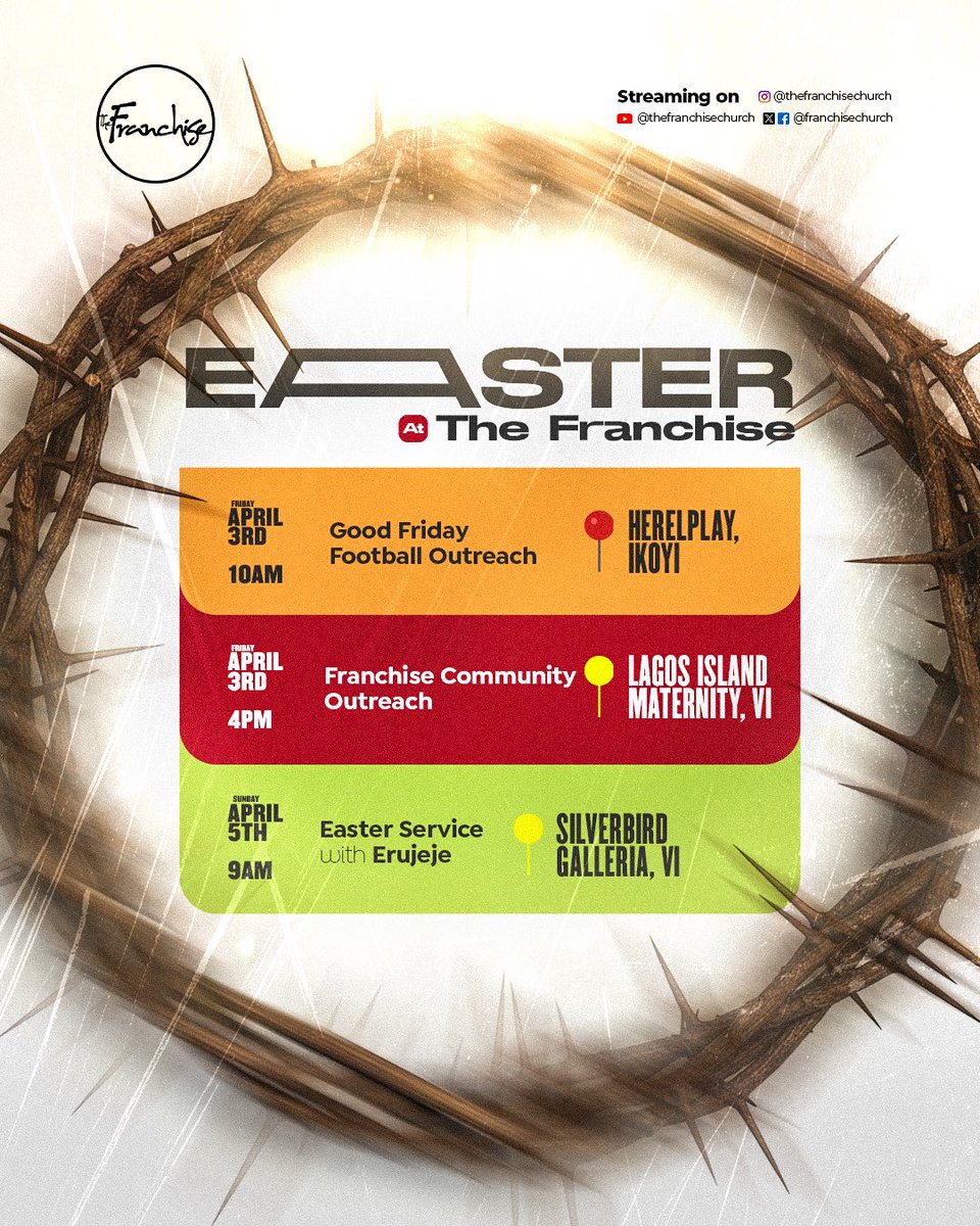 Easter at The Franchise is different!

Outreach. Community. Celebration. 
Too much happening to type - details are on the slide 👀 look and lock in your plans.

You don’t want to miss this.