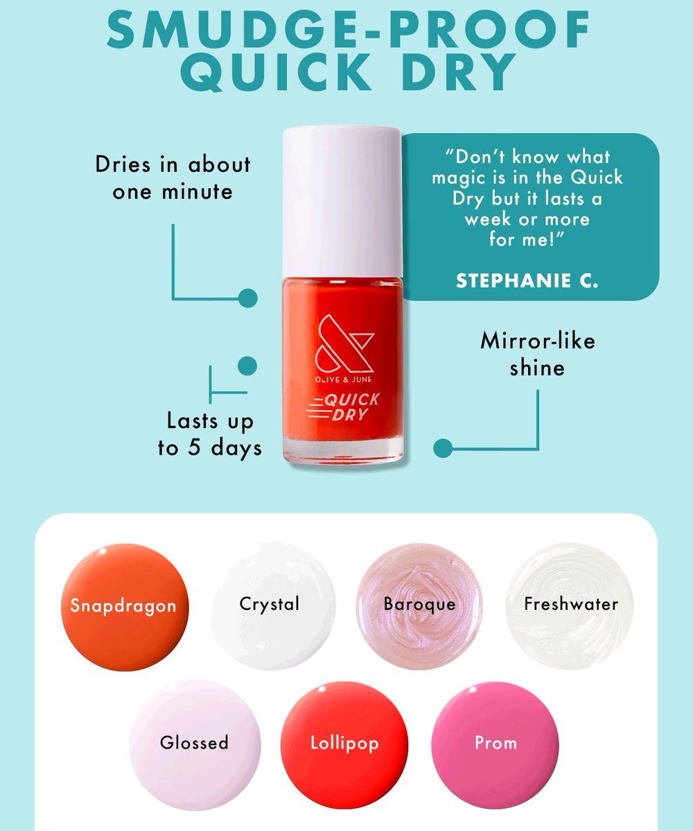 TheReviewWire's tweet image. Like it Quick? 💅

Special Offer: 
Get 20% off your first Mani or Pedi kit with code 'REVIEWWIREOJ20'. oliveandjune.kk2kau.net/yZZ1Vv 

#springnails #nailPolish