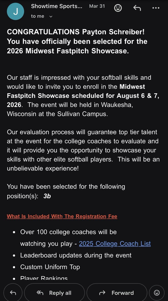 PaytonS599's tweet photo. Thank you @ShowtimeSports1 for inviting me to the Midwest Fastpitch Showcase! I’m excited for the opportunity and meet new people! https://t.co/fOZuy4yrcg