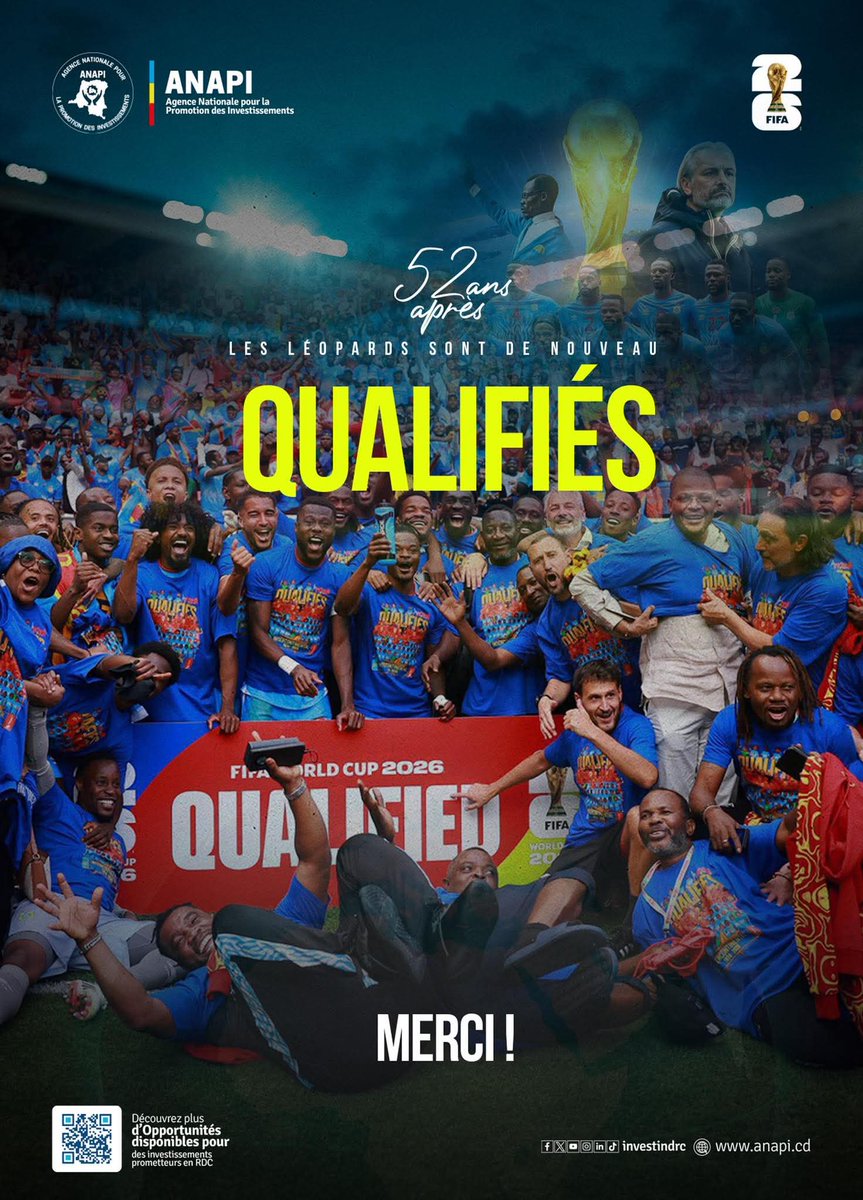 JustinKadima7's tweet photo. L’Agence Nationale pour la Promotion des Investissements salue la qualification historique des Léopards au Mondial 2026
@investindrc . https://t.co/BwoSPWfzcm