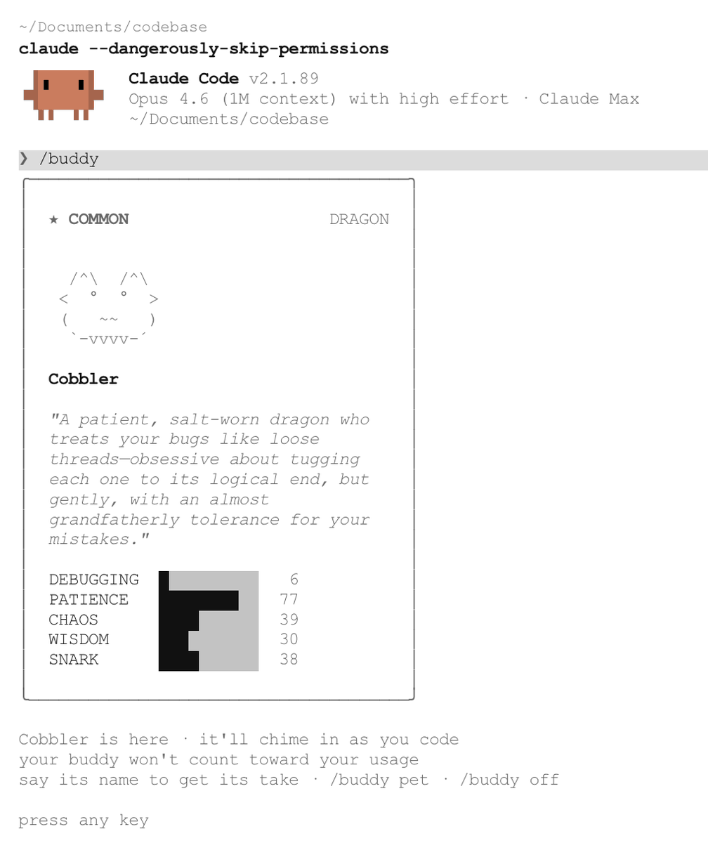 pedrxss's tweet photo. Got a little claude code buddy today https://t.co/WfAnglmch9
