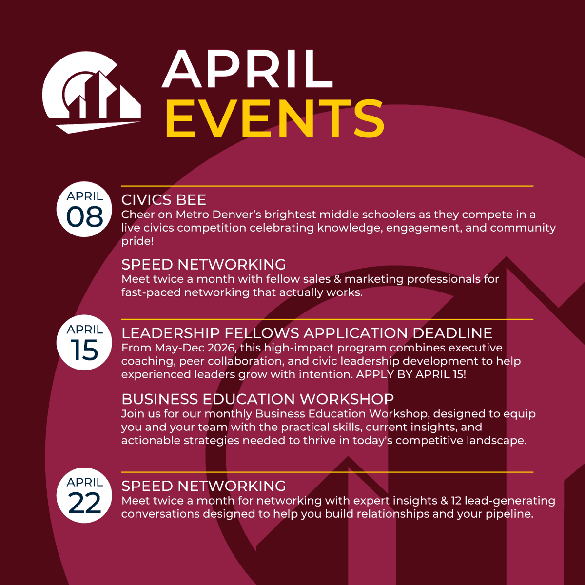 DenChamber's tweet photo. April is in full bloom with opportunities to connect, learn, and grow. 🌸 Take a look at what’s ahead.
Register: https://t.co/SusMMYEdVI https://t.co/cnsCA3mz2b