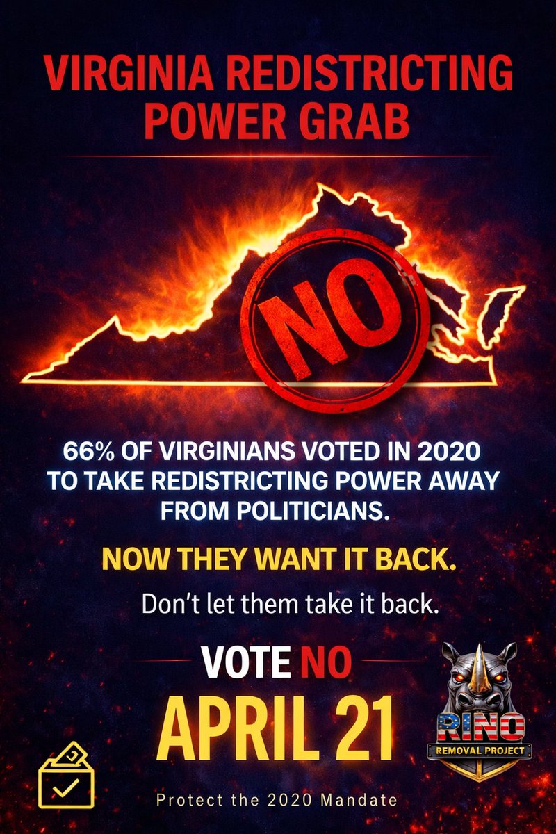🚨 VIRGINIA REDISTRICTING POWER GRAB 🚨

Most Virginians still don’t realize what’s on the April 21 ballot.
But this one vote could impact control of Congress for years.

In 2020, Virginians voted overwhelmingly — 66% to 34% — to end politician-controlled redistricting and create