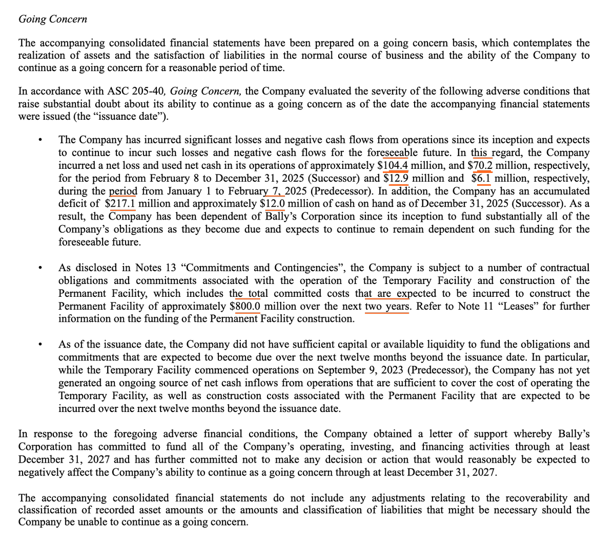 BallysWatch's tweet photo. Bally's Chicago filed its SEC required annual report:

$12M in cash, burning through $70+ M per year

Likely owes state 1st installment of reconciliation payment of $9-13 M in Sept. '26

The co. &amp; auditors share "substantial doubt about our ability to continue as a going concern" https://t.co/fvYEbZGHAv