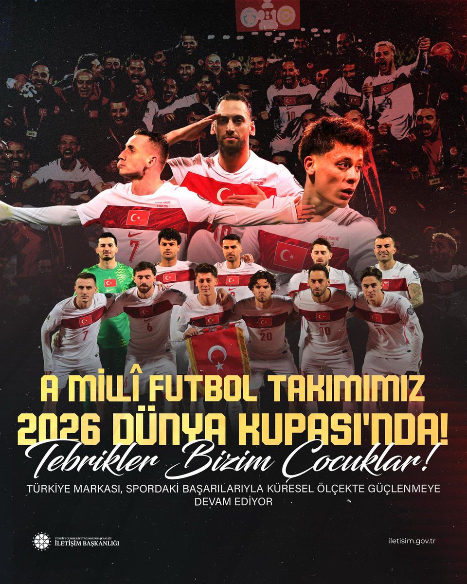Türkiye markası, spordaki başarılarıyla küresel ölçekte güçlenmeye devam ediyor 🇹🇷

A Milli Futbol Takımımız, 2026 Dünya Kupası Elemeleri Play-Off Finali’nde Kosova’yı deplasmanda 1-0 mağlup ederek dünya sahnesine adını bir kez daha yazdırdı.