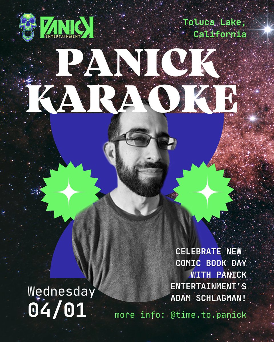 TimeToPanick's tweet photo. Please join PANICK Entertainment luminary Adam Schlagman today in celebrating New Comic Book Day by indulging in Adam’s true passion: KARAOKE!

If you’re near Toluca Lake, CA don’t miss this incredible chance to share our love for comics-- https://t.co/gq7oL5xy2z