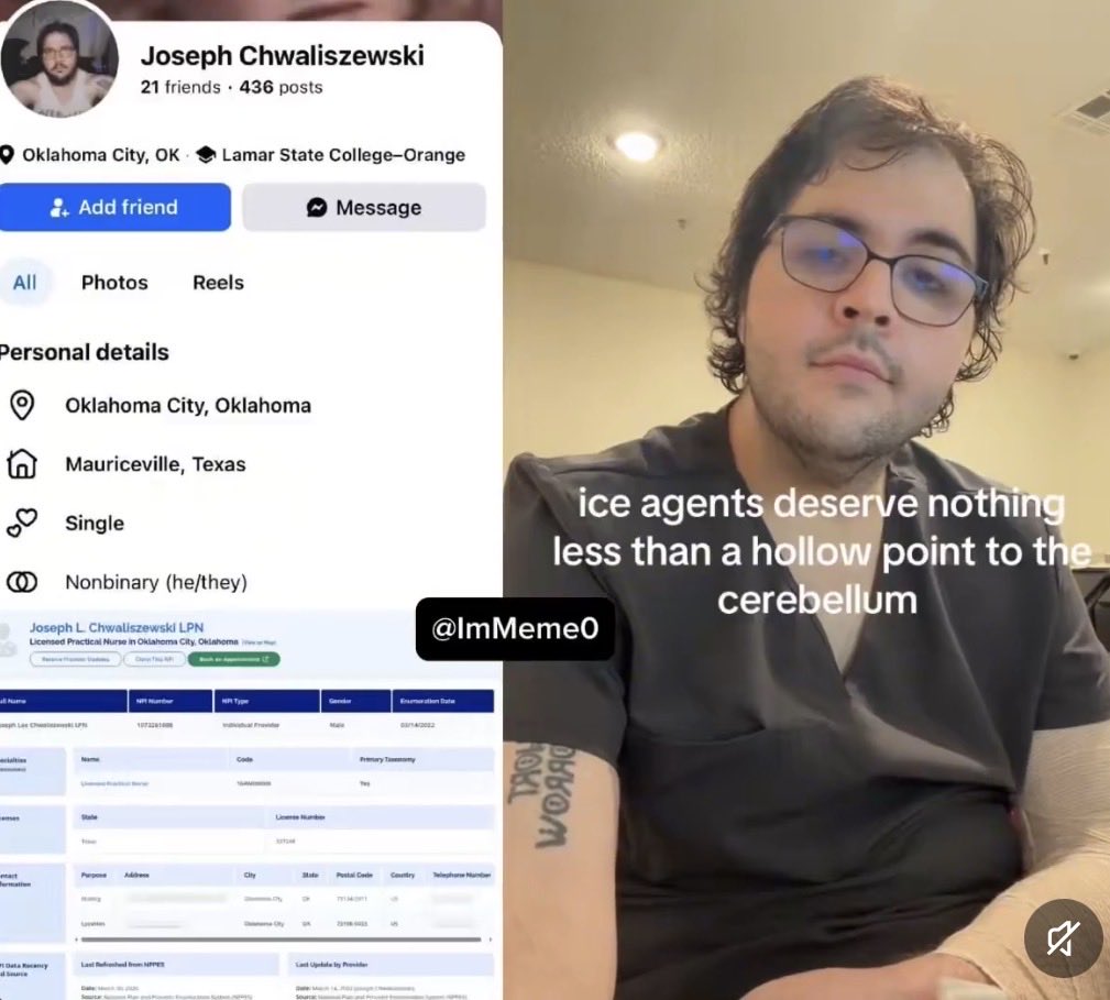 DorLinder's tweet photo. Today on make this person famous!!!  Nonbinary nurse Joseph Chwaliszewski an Oklahoma City nurse threatened ICE agents on social media.  His accounts have since been taken down.  Should a sick person like this be a nurse? https://t.co/ZtmwtXsMVP