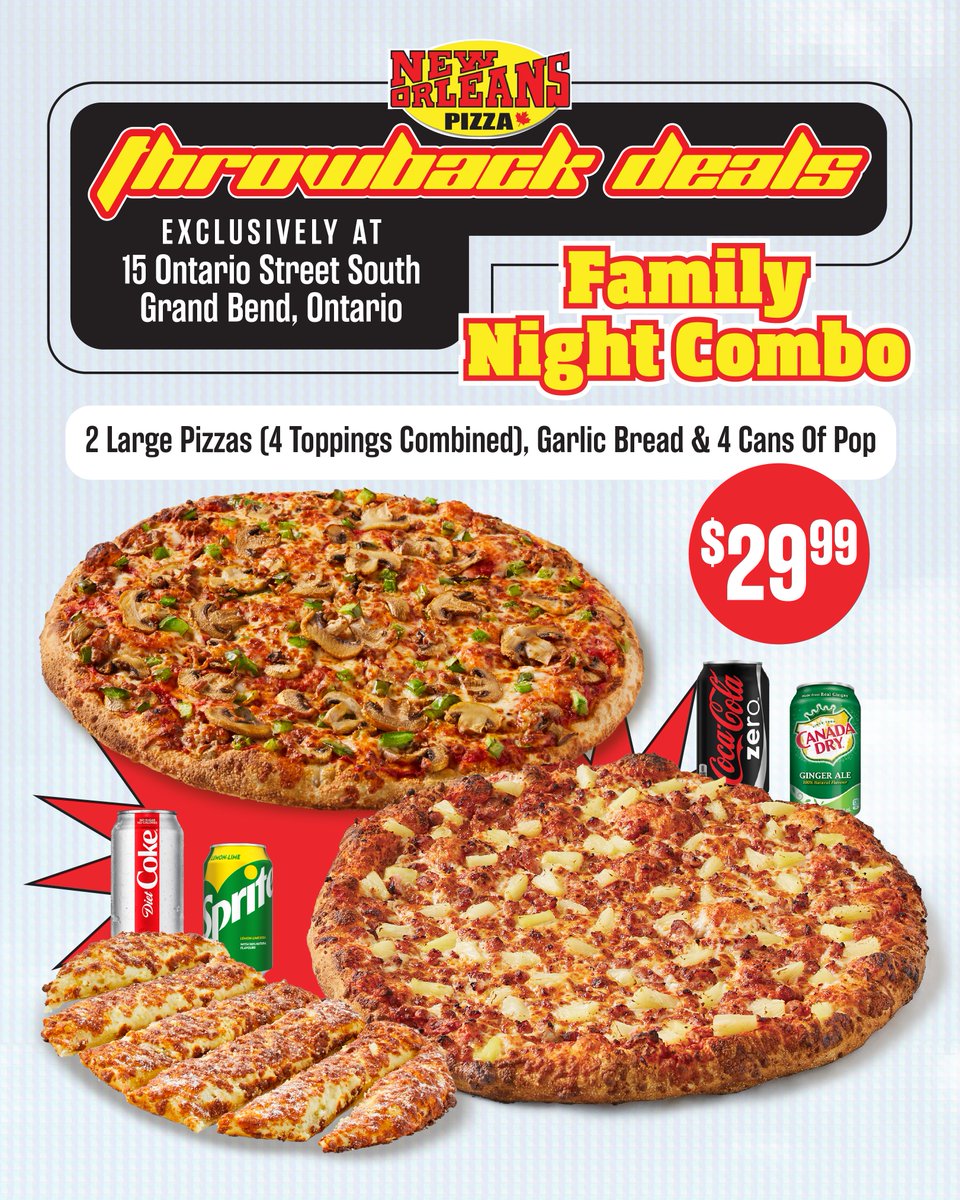 NewOrleansCAN's tweet photo. 25 years of serving Grand Bend… 

Celebrate with these 🔥 anniversary deals:
✨ $6.99 Large 1-Topping (Walk-in only)
✨ $12.99 2 Medium 1-Topping
✨ $29.99 Family Night Combo

Order now: 519-238-6868
.
.
.
#NewOrleansPizza #pizzadeals #GrandBendEats https://t.co/5tBvyT9CyX