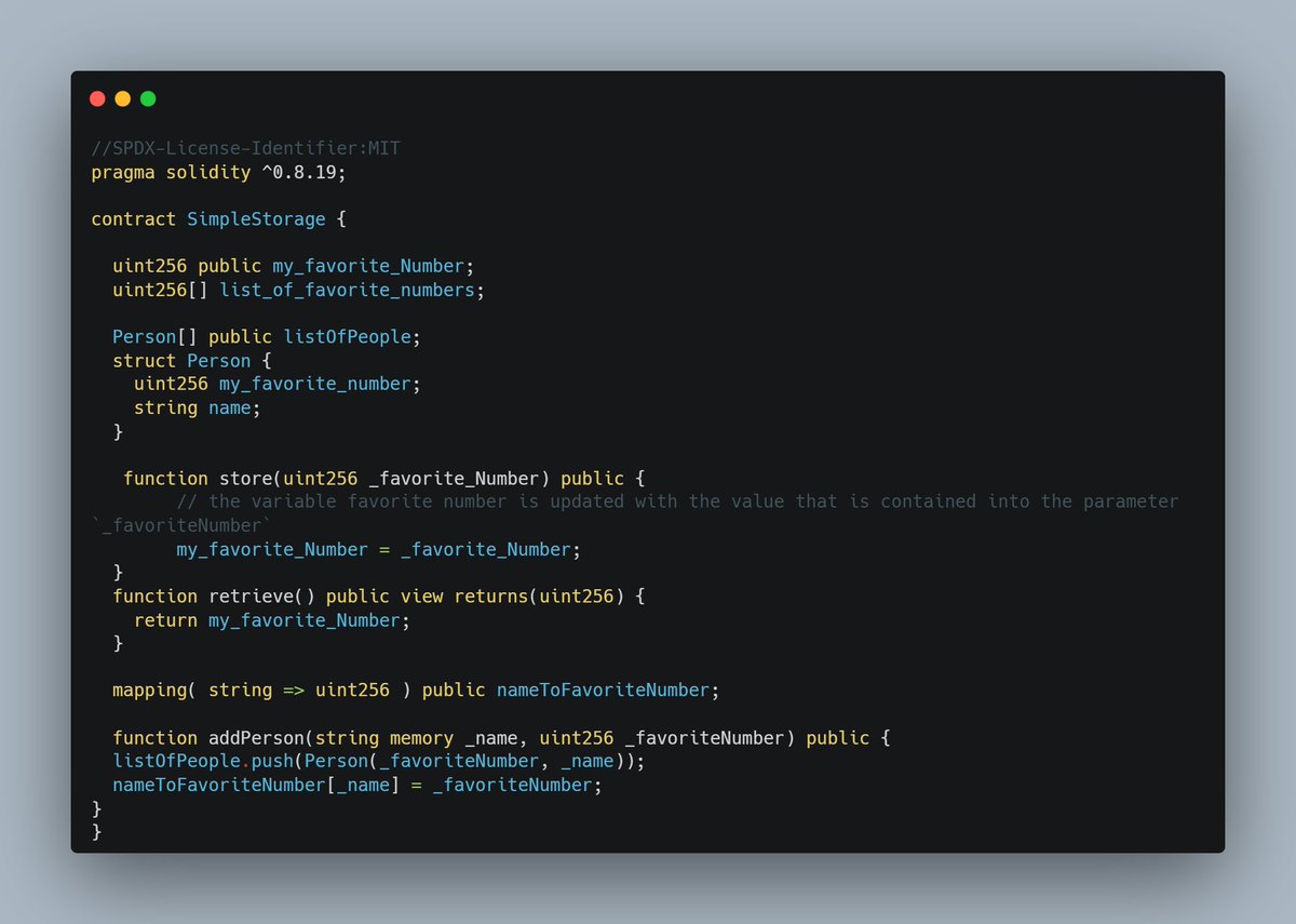 hrshjswni's tweet photo. Day 3/30 – Built a #SimpleStorage contract. ⚒️

Learned:
• Structs to model data
• Arrays to store multiple entries
• #Mappings for efficient lookups (name → number)

Starting to see how real data is handled on-chain.
What’s your go-to use case for mappings? 🤔 https://t.co/01KIm7VMoi