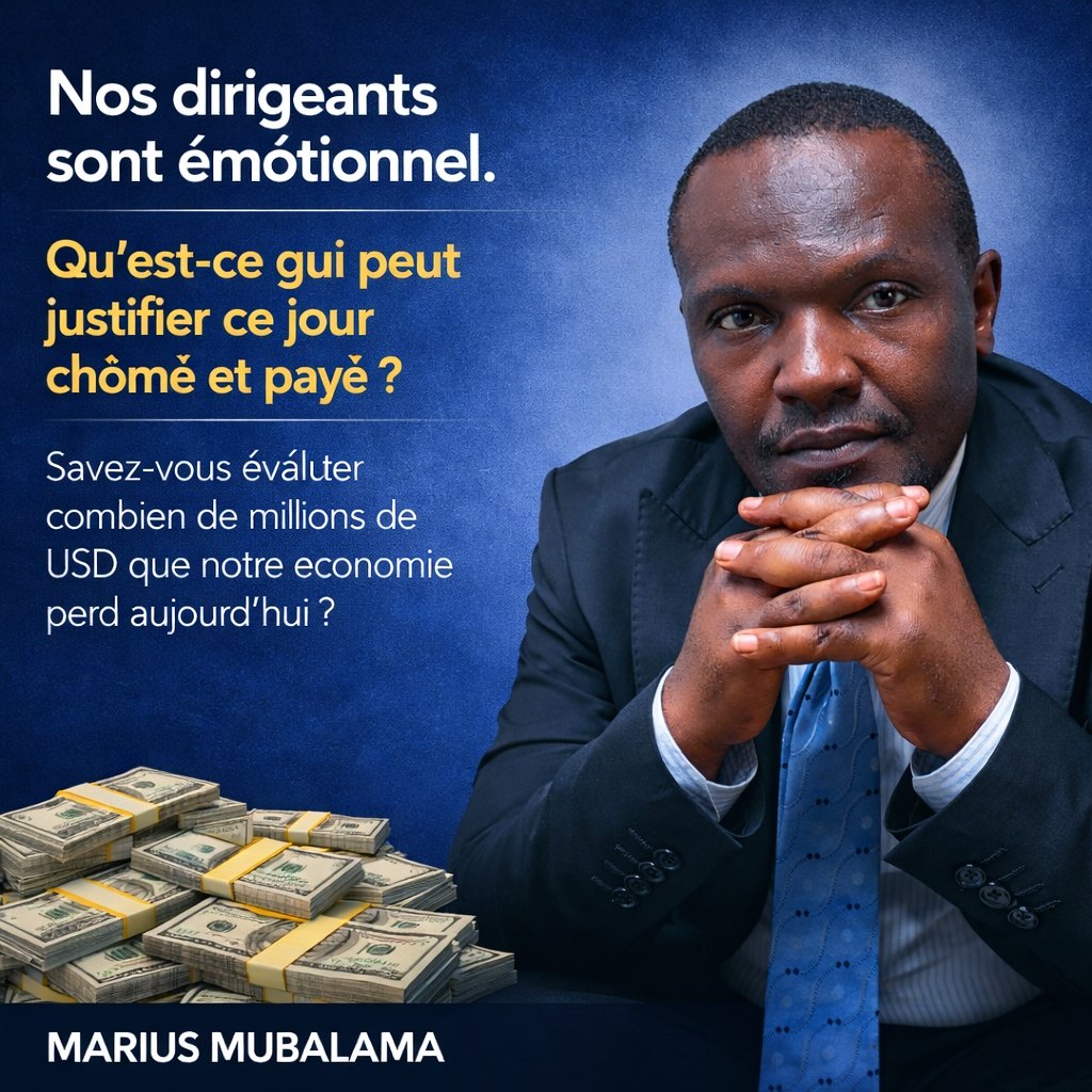 mariusmub's tweet photo. #RDC : Nos dirigeants sont émotionnel. Qu'est ce qui peut justifier ce jour Chômé et payé ? Savez vous évaluer combien de millions de usd que notre économie perd aujourd'hui ? https://t.co/0ZoOHIeBC0