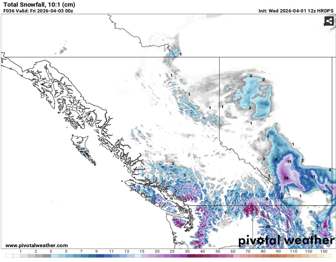 BenChernesky's tweet image. A big time snowstorm will occur across Southern Alberta beginning late this evening through Thursday.

I wish this were for April fools, but Calgary could see 20+ cm of heavy wet snow from this event 🙃
#abstorm #yyc