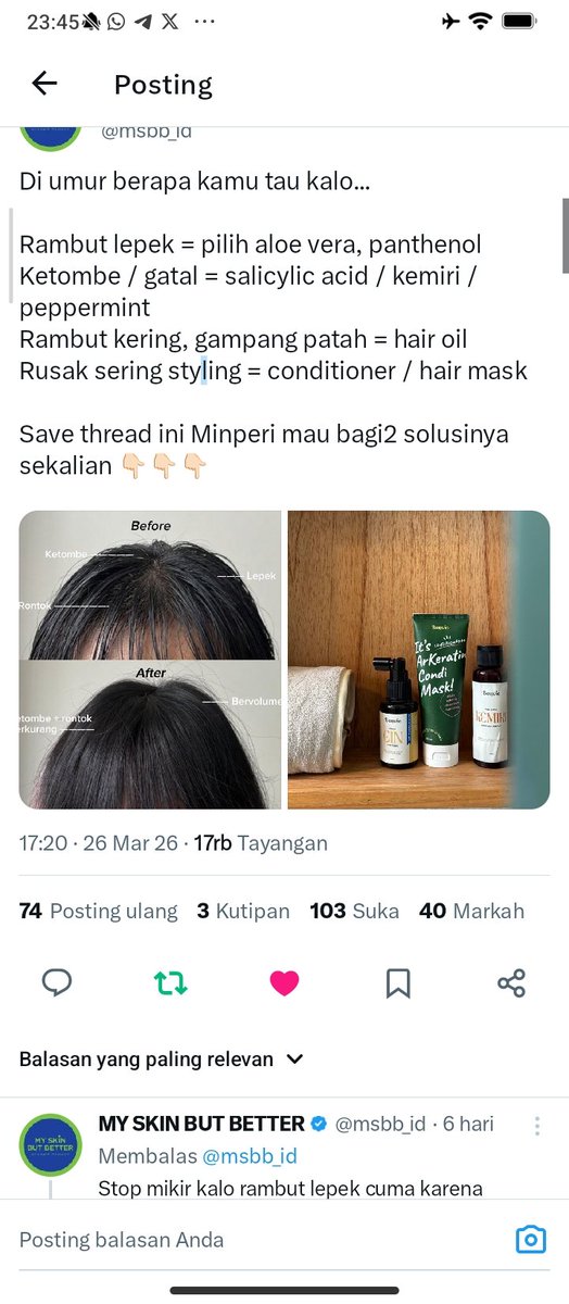 Tyysar's tweet photo. @msbb_id @BonvieHaircare Aku sering kerja di luar dan rambut ketutup hijab terus, jadi kulit kepala gampang berkeringat, lembap, lengket, terus bikin nggak nyaman. Baru sadar ternyata rambut rontok, gatal, sama ketombe itu bisa jadi karena scalp juga butuh exfo, bukan cuma wajah ternyataa ya🥲🙏🏻 https://t.co/bN9uhR2TrE