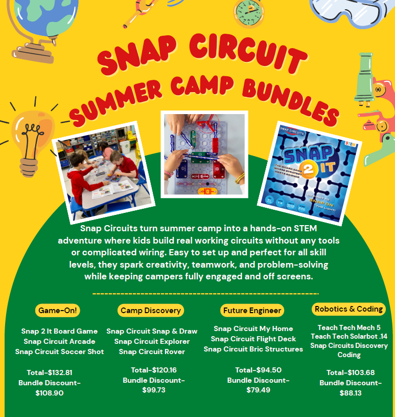 OllierMaria's tweet photo. Looking for summer camp ideas? Check out our Snap Circuit bundles! Save 20% by bundling and put hands-on STEM learning into the hands of your campers! https://t.co/NiTwCECMf6