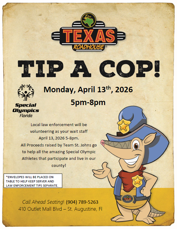 TeamSJSO's tweet photo. Join #TeamSJSO for Tip A Cop supporting Special Olympics!
๐๏ธApril 13
๐5pm-8pm
๐Texas Roadhouse (410 Outlet Mall Blvd, St. Augustine, FL)
SJSO personnel will be serving you dinner! Stop in, enjoy great food, and make a difference. #TipACop https://t.co/mRNbhvkS9z