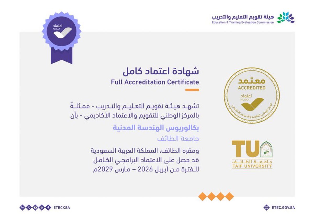 ✅ | تجسيداً لالتزام #جامعة_الطائف بتطوير جودة برامجها الأكاديمية والارتقاء بمخرجاتها التعليمية ، وتعزيزاً لدور كلية الهندسة في إعداد كفاءات هندسية مؤهلة وفق أعلى المعايير.
حصل برنامج بكالوريوس الهندسة المدنية على الاعتماد البرامجي الكامل من هيئة تقويم التعليم والتدريب ، ممثلةً
