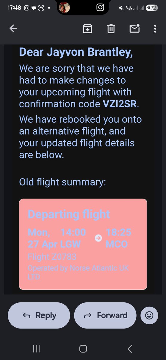 jayvon00webb's tweet photo. @flynorse  Not only did you reschedule my flight, I tried to rebook it only for it to glitch and only register outbound and I lost my chance to rebook for free, then when I tried to get in contact I had to speak to an AI chatbot who told me you'd reach out, im still waiting (1/2) https://t.co/QD0yJmFX4m