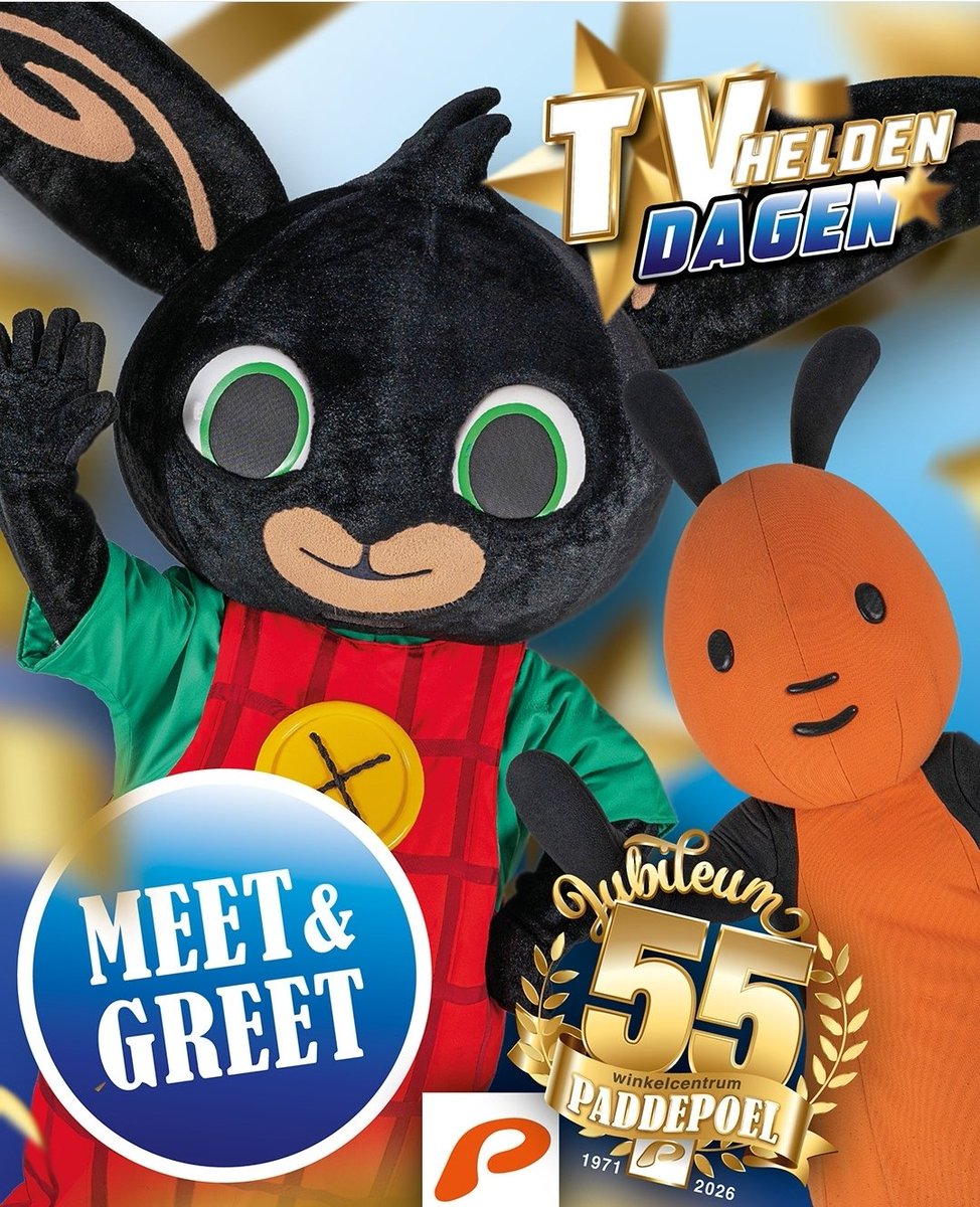 🎉 𝗕𝗶𝗻𝗴 &amp; 𝗙𝗹𝗼𝗽 𝗸𝗼𝗺𝗲𝗻 𝗻𝗮𝗮𝗿 𝗣𝗮𝗱𝗱𝗲𝗽𝗼𝗲𝗹!
Op zaterdag 4 april komen Bing &amp; Flop naar Winkelcentrum Paddepoel voor een gezellige Meet &amp; Greet van 12.00-14.30. Een leuke kans voor kinderen om hun favoriete tv-vriendjes te ontmoeten en samen op de foto te gaan.