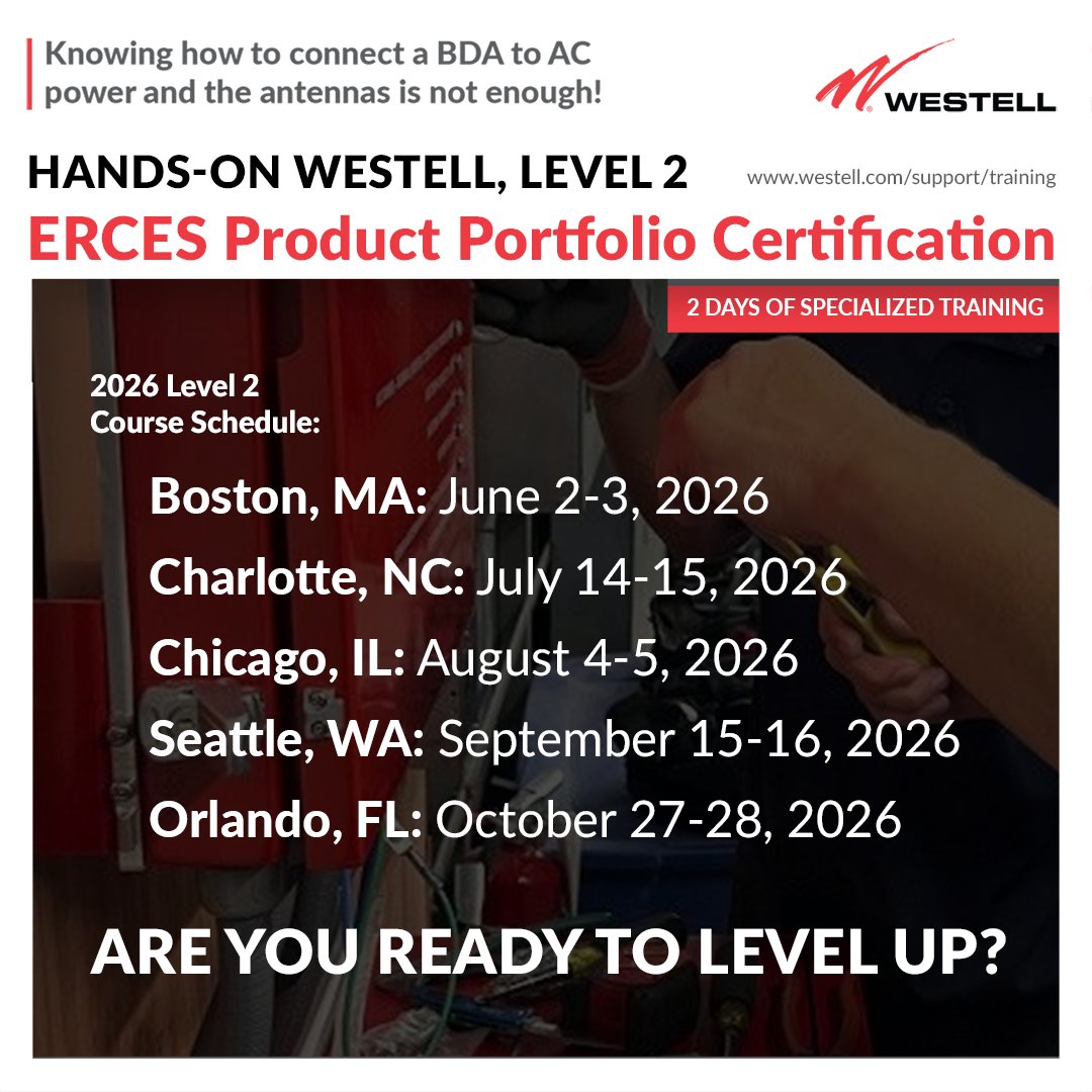 Westell_Tech's tweet photo. Are you ready to level up? #Westell is elevating the competencies of the ERCES industry to the next level. Ask about the PCTEL PS Testing Certification following this course! https://t.co/aP5CqAORFa

#BDATraining #DASTraining #ERRCS #ERCES #PublicSafety https://t.co/XNorO1sjuv