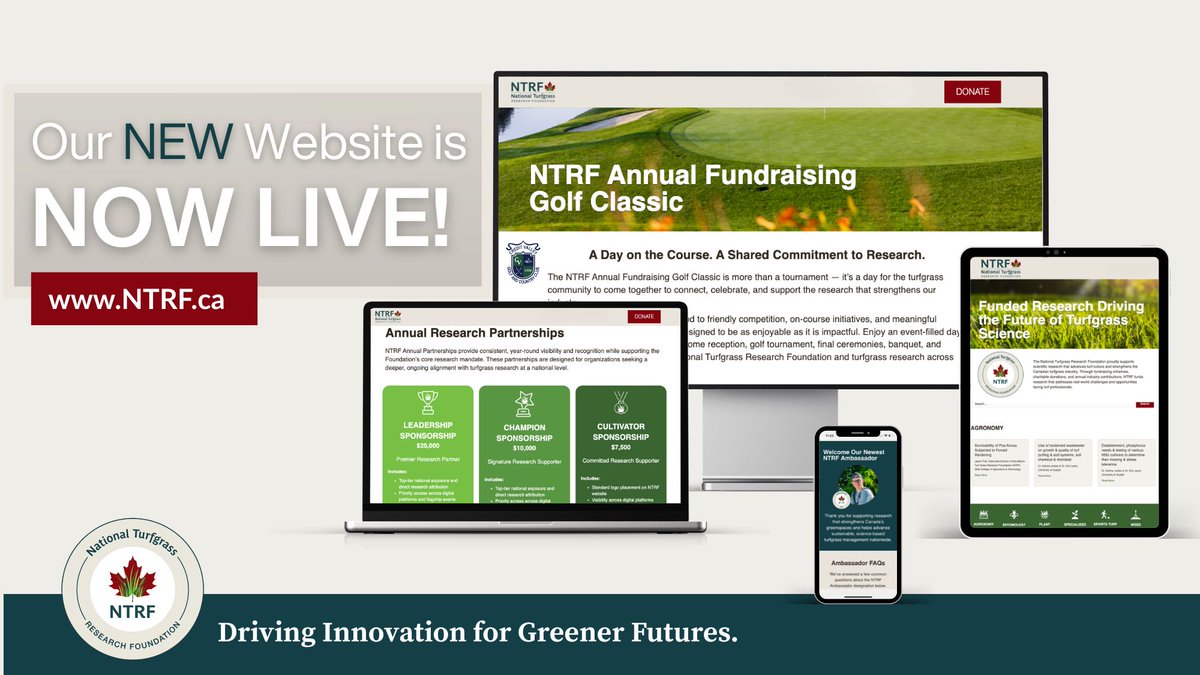 NTRFCanada's tweet image. The NEW National Turfgrass Research Foundation website is live! 🌱

Explore what’s new:
⛳ Golf Classic registration
📚 Research Library
🤝 Sponsorship opportunities
💚 Donor Wall
📣 Ambassador Program &amp;amp; more!

👉Check it out today! NTRF.ca

#NTRF #turfgrass