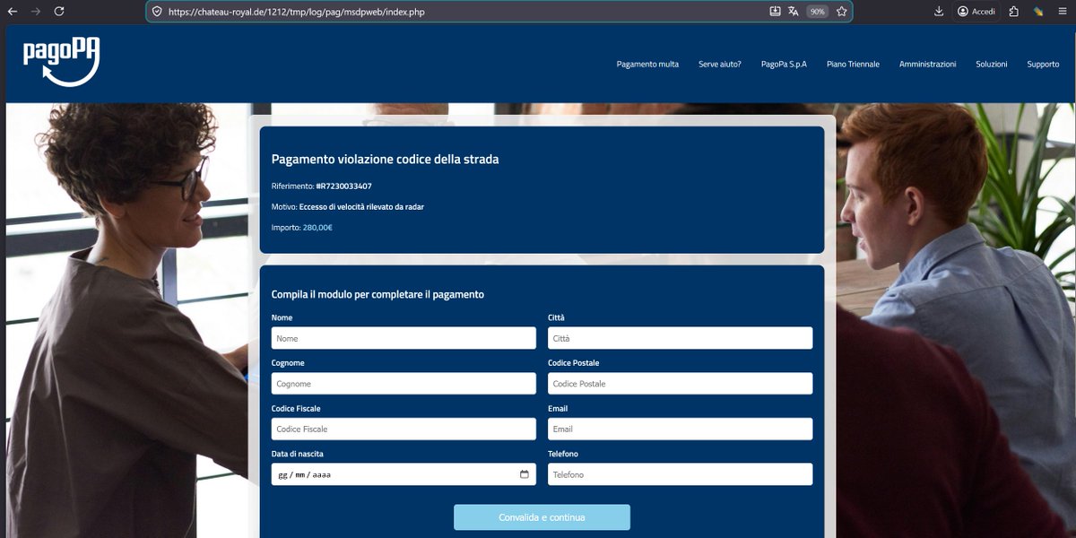 JAMESWT_WT's tweet image. "Sospeso aumento importo e decurtazione punti – agisci subito"

#phishing #PagoPA

⛔️https://chateau-royal.]de/1212/tmp/log/pag/msdpweb/index.php

#compromised chateau-royal.de
