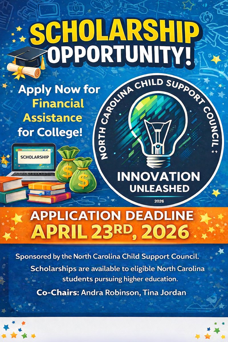 NCCSC1's tweet photo. We are excited to announce that the North Carolina Child Support Council scholarship opportunity is now open for applications.  Please share throughout your agencies, communities, and families!!  Please see the attachment for scholarship information and a direct link to applying. https://t.co/brLlrzvqke
