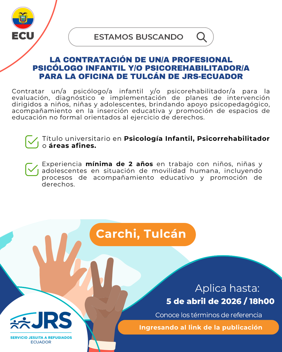 sjrec's tweet photo. 📷#Convocatoria  | Contratación de un/a Profesional Psicólogo Infantil y/o Psicorehabilitador en el territorio de Tulcán.
📷Revisa los Términos de Referencia: https://t.co/Yx4wVE6Nr5
📷Aplica hasta: Domingo, 5 de abril 2026, 18:00. https://t.co/wHgb5GJ9n7
