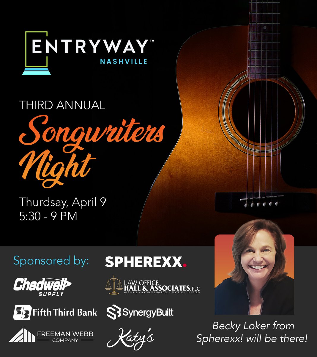 Spherexx's tweet photo. Spherexx supports Entryway Nashville—creating real pathways to employment, housing, and career growth.
Join us at Entryway Songwriters Night. Free tickets available. https://t.co/VCNtdICTez  #Spherexx #GiveBack #Housing #Community #PropTech #Nonprofit #entrywaytalent https://t.co/vEwQzZJm8F