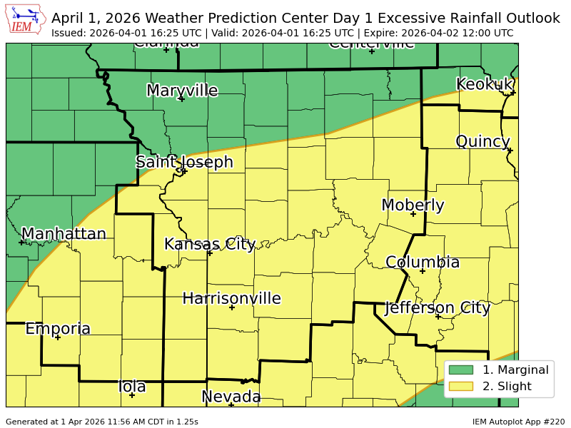 WPC issues Day 1 Slight Risk Excessive Rainfall Outlook at Apr 1, 16:25z for EAX wpc.ncep.noaa.gov/qpf/excessive_…