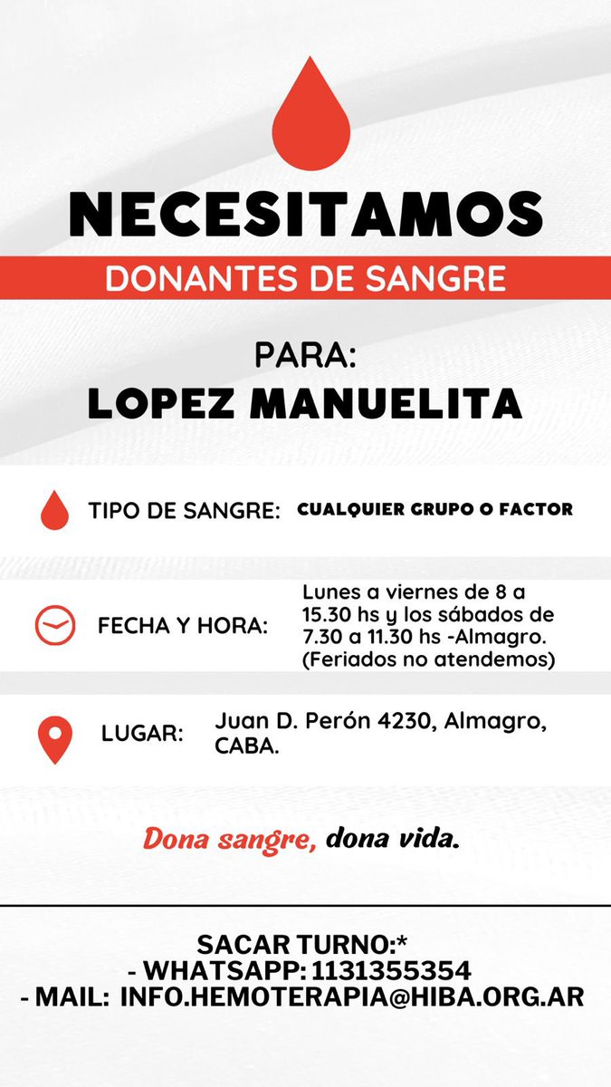 La mamá de una amiga muy querida necesita dadores de sangre. Se atardece mucho a quienes puedan y quieran donar o difundir con un rt