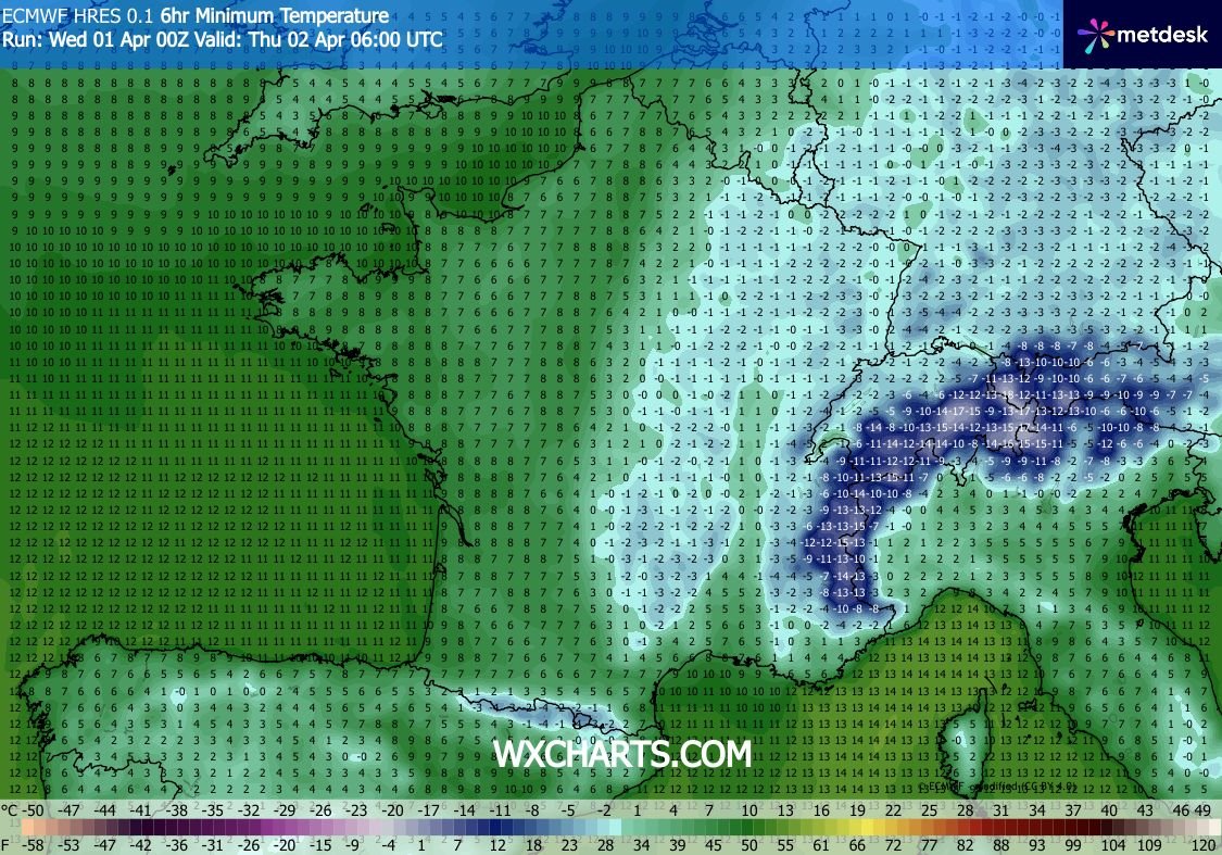 Meteovilles's tweet image. 🥶 Gare au #gel fréquent dans la moitié est de la France cette nuit du jeudi 2 avril 2026. Il fera souvent entre 0 et -3°C au lever du jour. (via @wxcharts)