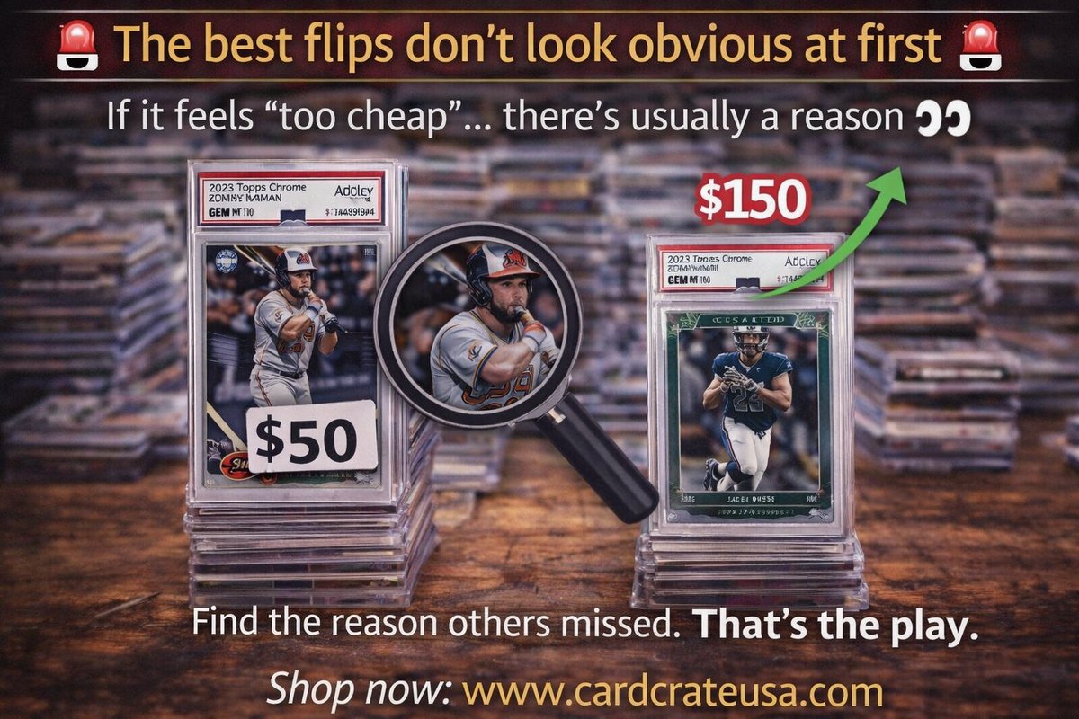 CardCrateSports's tweet image. 🚨 The best flips don’t look obvious at first 🚨

If it feels “too cheap”… there’s usually a reason 👀

Find the reason others missed.

That’s the play.

Shop now: cardcrateusa.com

#sportscards #thehobby #cardcollecting #tradingcards #sportscardmarket