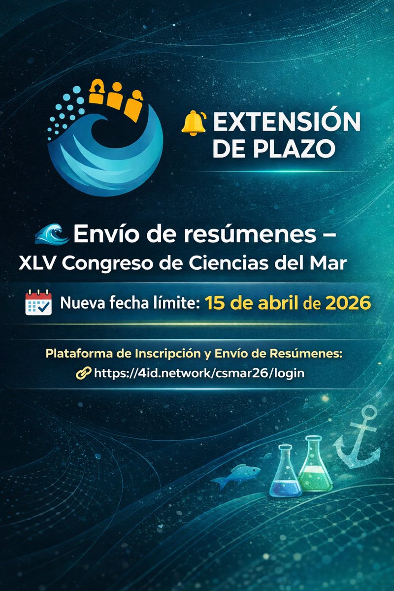 NaturaUdec's tweet photo. ¡Atención! 📢 Se informa que el plazo para el envío de resúmenes al XLV Congreso de Ciencias del Mar ha sido prorrogado hasta el 15 de abril de 2026.
👉 Más información en:
https://t.co/4PufmRt1ZM https://t.co/gwjLk7N5Hd