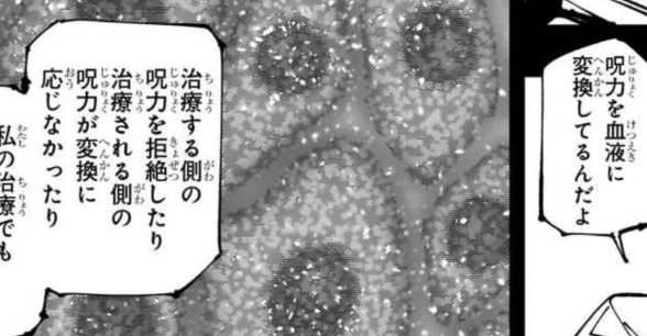 反転アウトプット、人間を治療する時は相手の呪力が血液に変換される事が開示されてるので
多分、他者に使う場合は「対象の呪力に正のエネルギーを流して反転術式を使ってる状態にする」みたいな様式だと思う

だから特定の対象へ負の呪力で形作られてる呪霊にかけると自滅作用になってしまう 