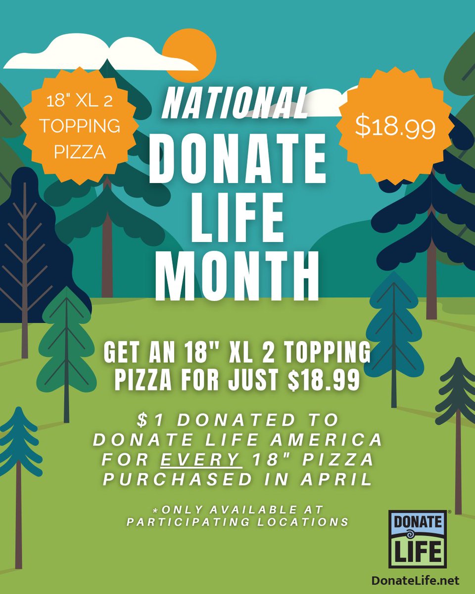 For every 18" sold, we're donating $1 to Donate Life America this month. To make it even easier for you to help, this month you can get an 18" 2-topping pizza for only $18.99.
Order online➡️ link-pro.io/JKCoApt
#fivestar #DonateLifeMonth #LeaveALegacy #DonateLife