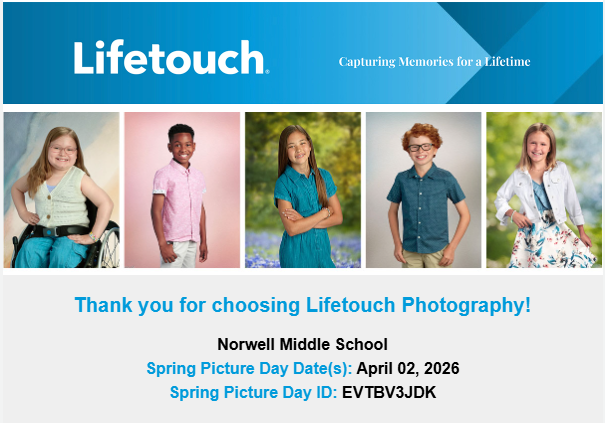 Norwell_MS's tweet photo. NMS Spring Pictures are tomorrow. Use the code below to order pictures online. Order forms are also available in the office. https://t.co/3MB1H3QQy2