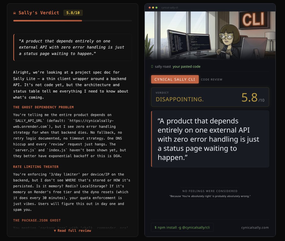 Meet Cynical Sally <a href="/thecynicalsally/">cynicalsally</a>.

She runs on Render, scores your code 0-10, and does not round up.
→ Free tier, zero dependencies
→ Open-source, fully auditable
→ A CLI flag that blocks bad deploys

The joke is your code.

Try it here: sally-lite.onrender.com

Deploy your