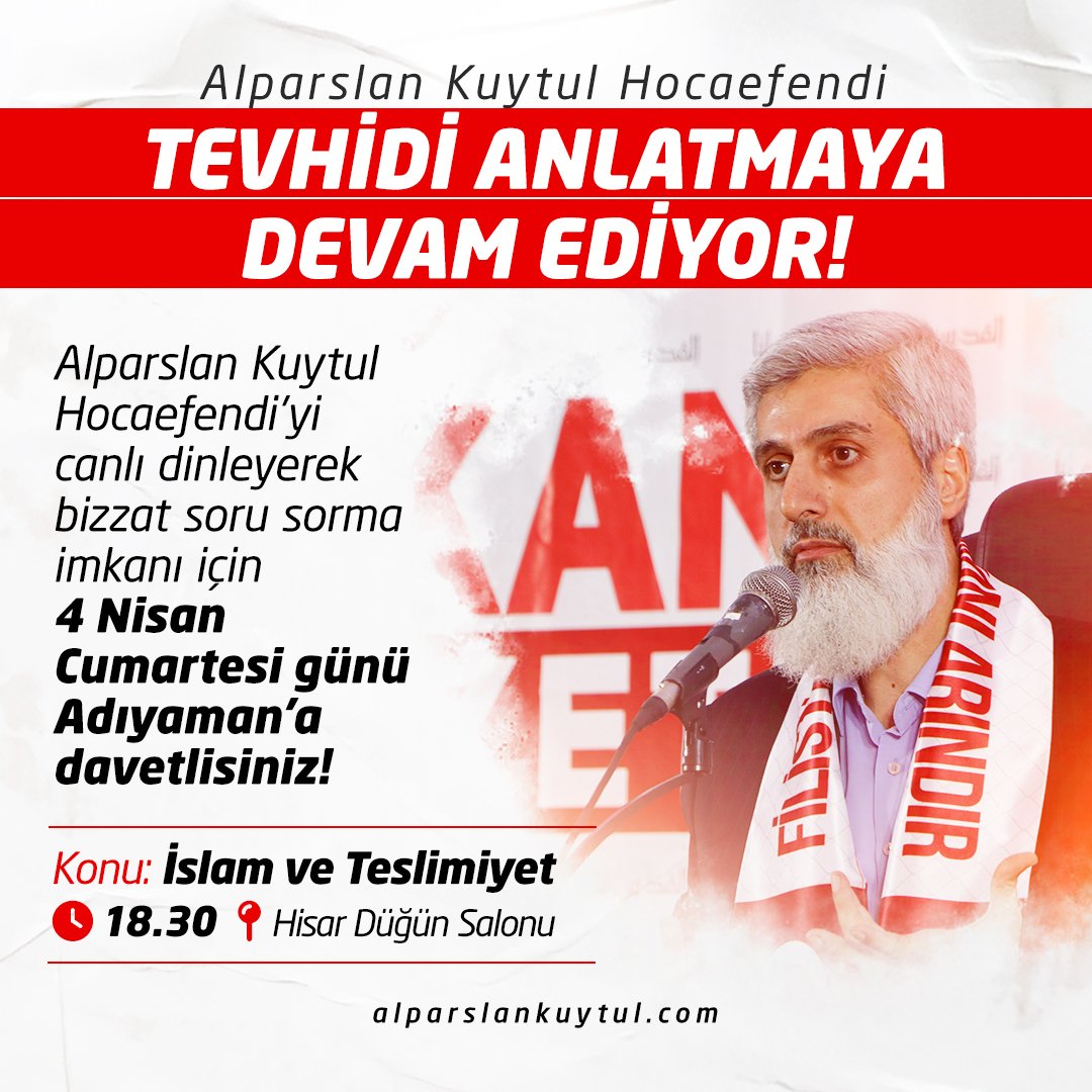 Alparslan Hoca tevhidi anlatmaya devam ediyor! 

AlparslanHoca AdıyamanaGeliyor
#FurkanKonferansları