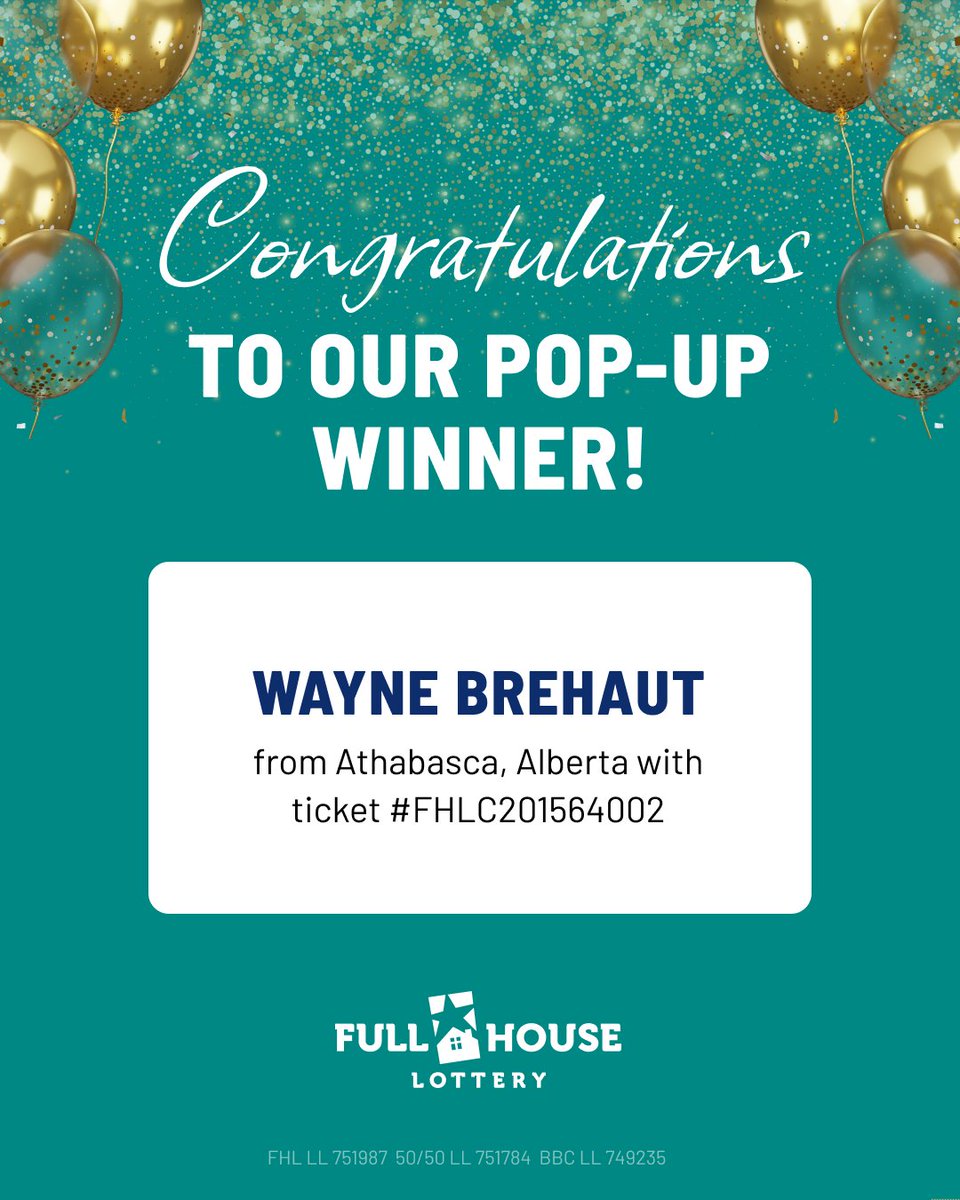 FHLottery's tweet photo. We have a winner! 🎉

Congratulations to Wayne Brehaut of Athabasca, Alberta, with ticket #FHLC201564002! As our Pop-Up Prize winner, you’ve won a $5,000 Travel Gurus travel voucher! ✈️🌴

Could you be our next big winner? Get your tickets today at https://t.co/O50CxGGHkR https://t.co/G414jY3VTp