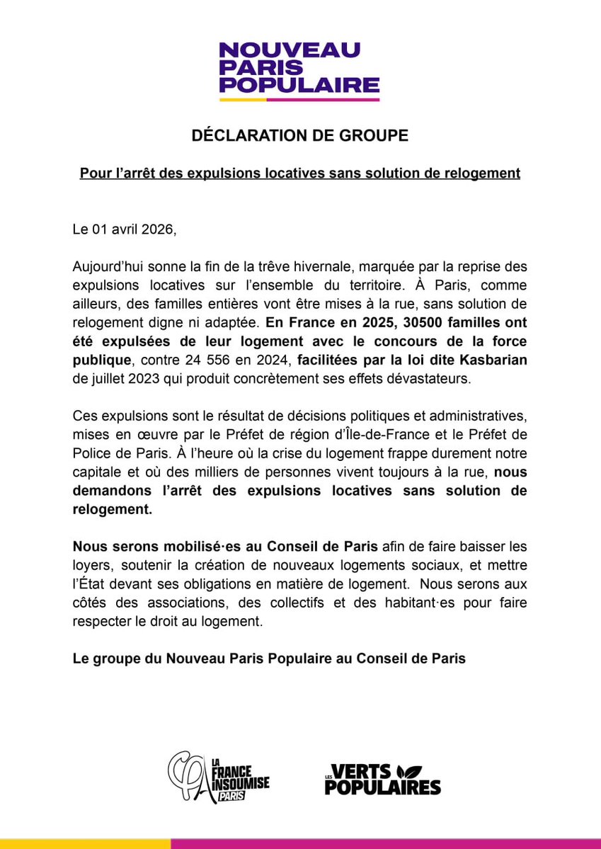 Fin de la trêve hivernale, reprise des expulsions. L’année dernière, 30 500 familles ont été expulsées à la fin de la trêve.

À Paris, nous demandons au préfet de refuser le concours de la force publique pour toute expulsion sans solution de relogement digne et adaptée.

Le