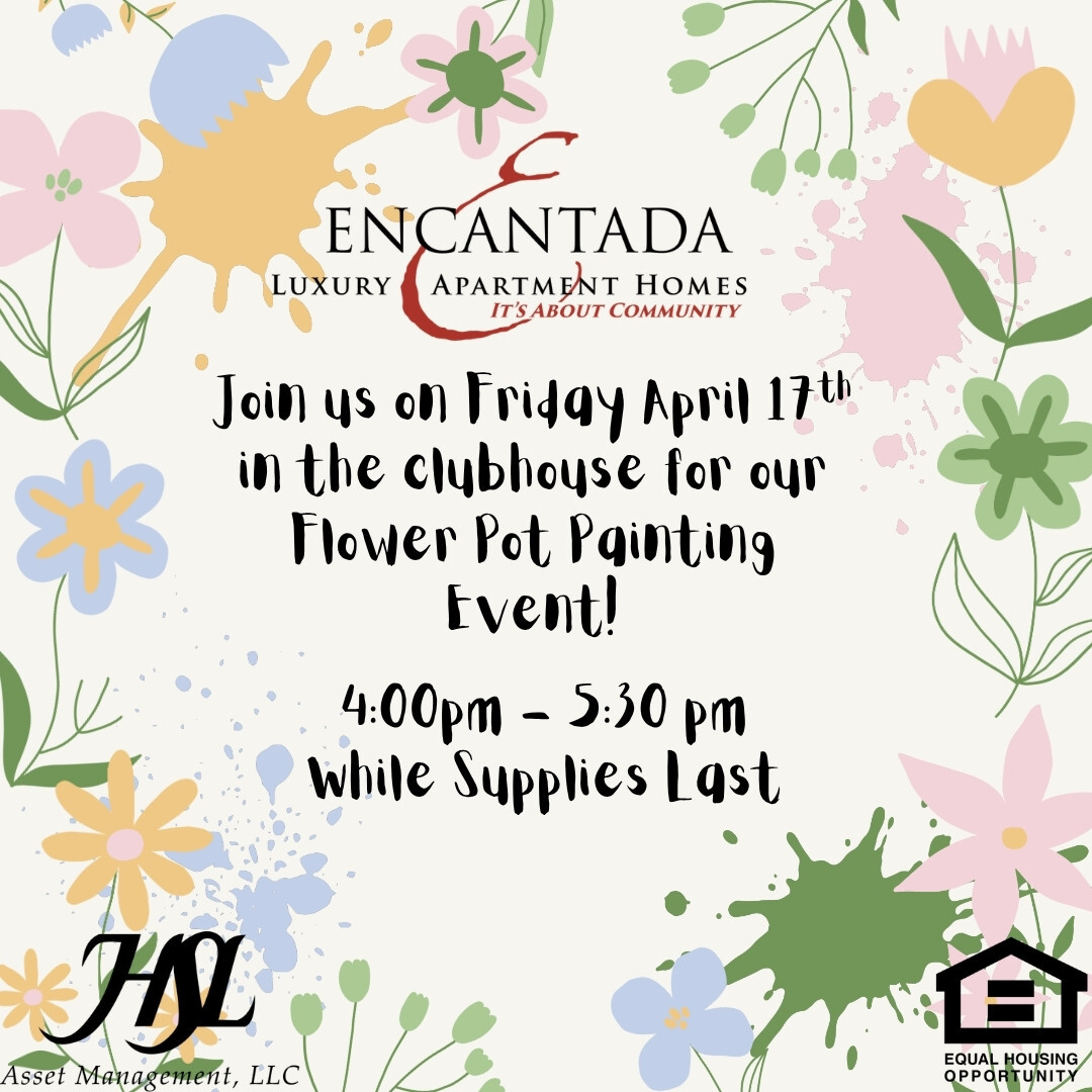 SteamPumpAZ's tweet image. Join us Friday, April 17th from 4:00–5:30 PM in the clubhouse for a fun Flower Pot Painting Event! Stop by and get creative—while supplies last! 🌸🎨
#CommunityEvent #GetCreative
HSL Asset Management, LLC. [Equal Housing Opportunity].