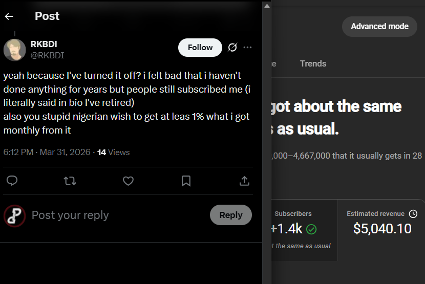 Papinators_'s tweet photo. @RKBDI @Garvit207 @kanyewest 1%?? 😂 your retarded ass better show me $500k u got from a single month of begging for money

Go sit yo ass somewhere kid https://t.co/VN3JY9MKG2