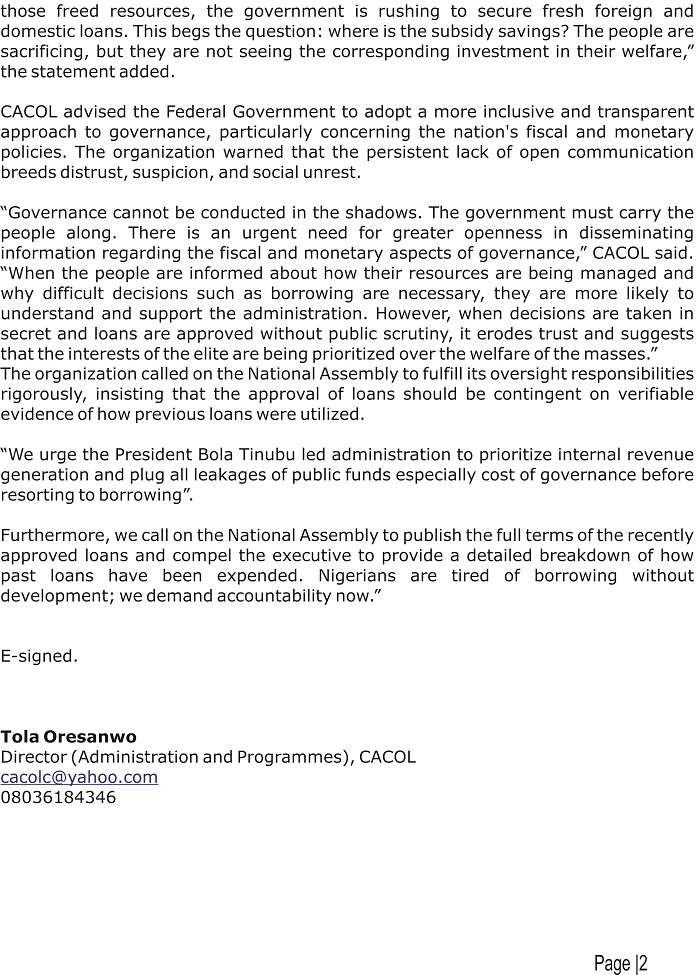 CACOLnigeria's tweet image. CACOL DEMANDS TRANSPARENCY, CONDEMNS SECRETIVE APPROVAL OF NEW LOANS BY NATIONAL ASSEMBLY.

#accountability 
#transparency 
#openness
#stakeholdersengagement