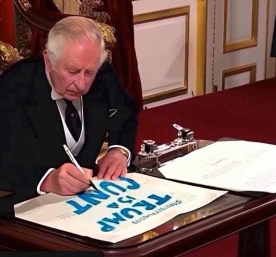 NerdStuffByAndy's tweet photo. @realDonaldTrump King Charles preparing signage for his visit https://t.co/lkOBo739rO