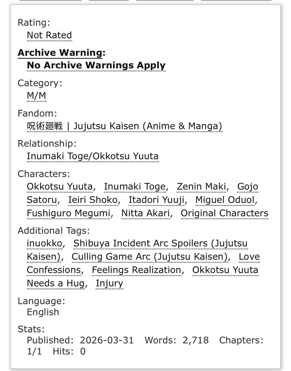 First fic post in a while! A short exploration into Yuuta’s state of mind on his way home following the Shibuya Incident

#inuokko #ottoge #shibuyaincident #inumakitoge #okkotsuyuuta #jjk #theyreboyfriendsyourhonor 

archiveofourown.org/works/82209836