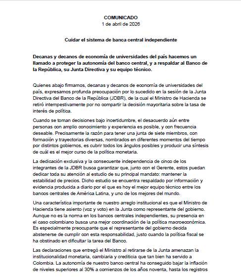larepublica_co's tweet photo. #Atento | Por medio de una carta, decanos de Economía de universidades del país hicieron un llamado a proteger la autonomía del Banco Central, y a respaldar al Banco de la República, su Junta Directiva y su equipo técnico https://t.co/0iXz3Fjn1T