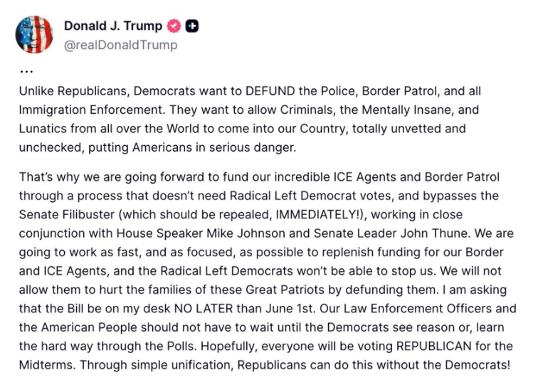 FoxNews's tweet photo. NEW: President Trump slams Democrats for refusing to fund DHS, saying they are "putting Americans in serious danger."

"That’s why we are going forward to fund our incredible ICE Agents and Border Patrol through a process that doesn’t need Radical Left Democrat votes, and bypasses the Senate Filibuster (which should be repealed, IMMEDIATELY!), working in close conjunction with House Speaker Mike Johnson and Senate Leader John Thune."