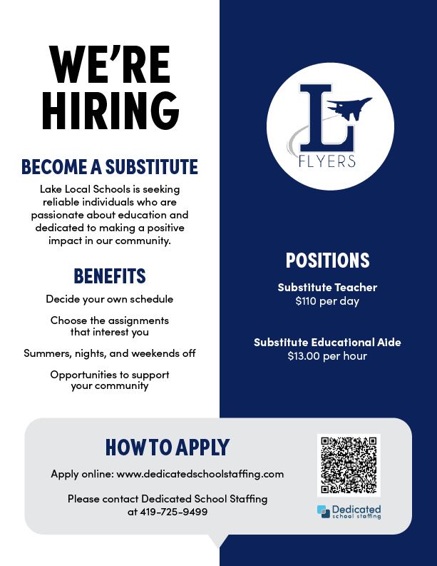dedicated_ss's tweet photo. We're Hiring! Lake Local Schools (@FlyerFlightCrew) is seeking Substitute Teachers and Substitute Educational Aides!

Step in and help keep learning on track. Learn more and apply today: https://t.co/MmMAnIrnPV https://t.co/zTfl9XycNA