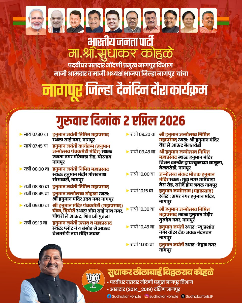 SVKohale's tweet image. भारतीय जनता पार्टी 

मा. श्री.सुधाकर कोहळे पदवीधर मतदार नोंदणी प्रमुख नागपूर विभाग माजी आमदार व माजी अध्यक्ष भाजपा जिल्हा नागपूर यांचा नागपूर जिल्हा दैनंदिन दौरा कार्यक्रम

🗓️२ एप्रिल २०२६
📍 नागपूर जिल्हा 

#DailySchedule #NagpurDistrict #SudhakarKohale  #BJP