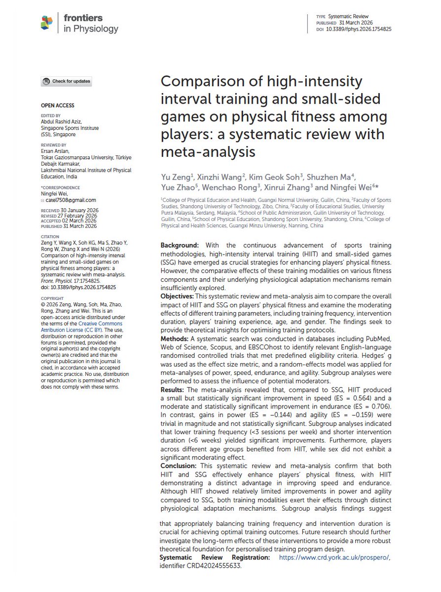 Tatopek1's tweet photo. 🆕"This systematic review aimed to compare the overall impact of HIIT &amp; SSG on players’ physical fitness &amp; examine the moderating effects of different training parameters ⚽️"
➡️Frequency, duration, age &amp; gender
👉 Yu Zeng et al. 2026 🇨🇳
📂Open Access: https://t.co/WSrqGMDZOT https://t.co/sA7BSngDZd